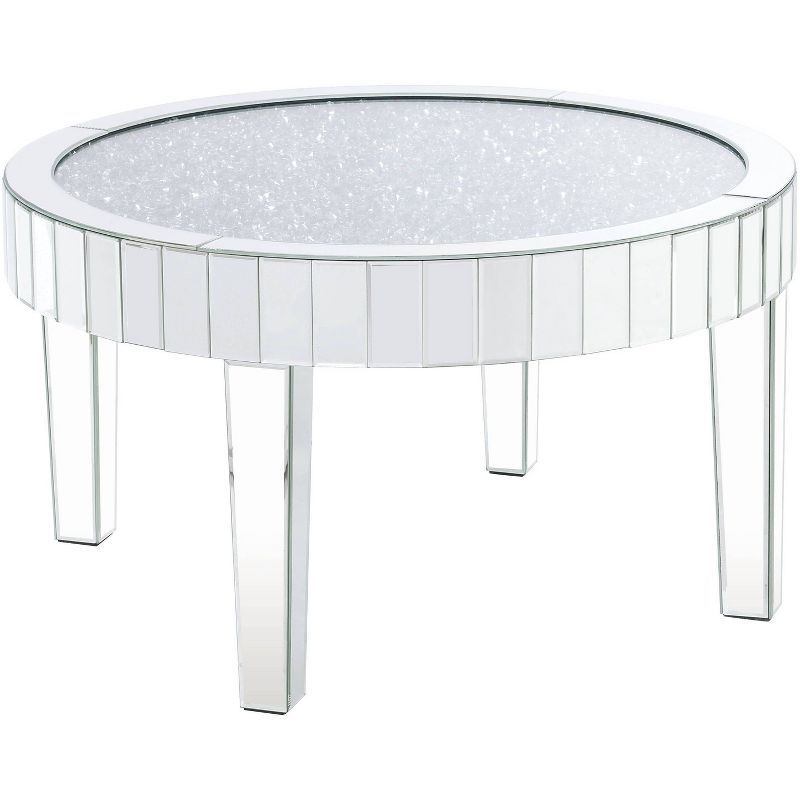 Sleek Round Mirrored Wood Coffee Table with Faux Diamonds