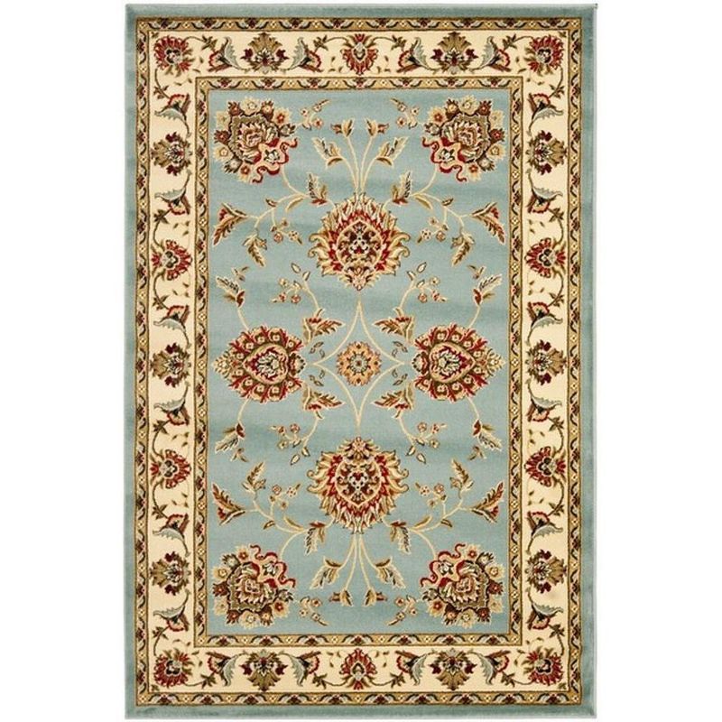 Ivory and Blue Floral Synthetic 4' x 6' Rectangular Rug