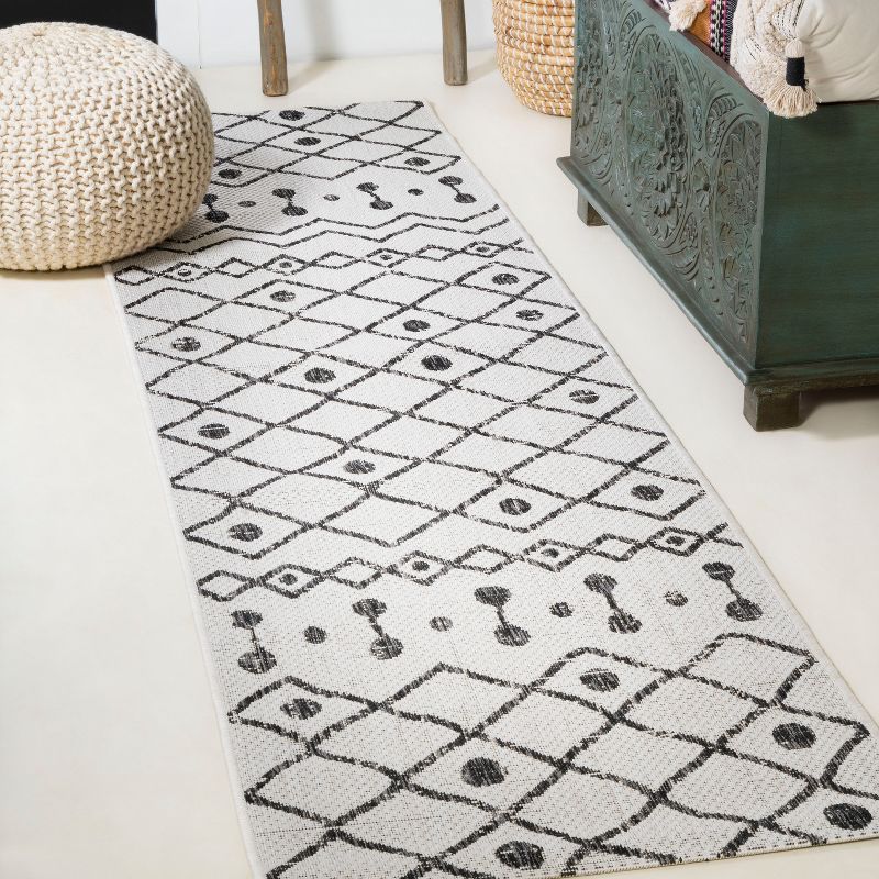 Black and Ivory Geometric Synthetic Runner Rug, 2x10 Feet