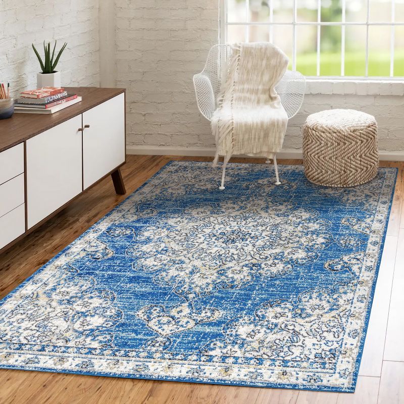 Blue and Cream Medallion Synthetic 4' x 6' Reversible Area Rug