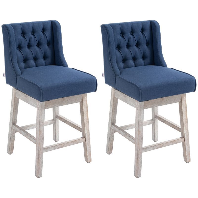 Blue Tufted Swivel Bar Stools with Wood Footrests, Set of 2