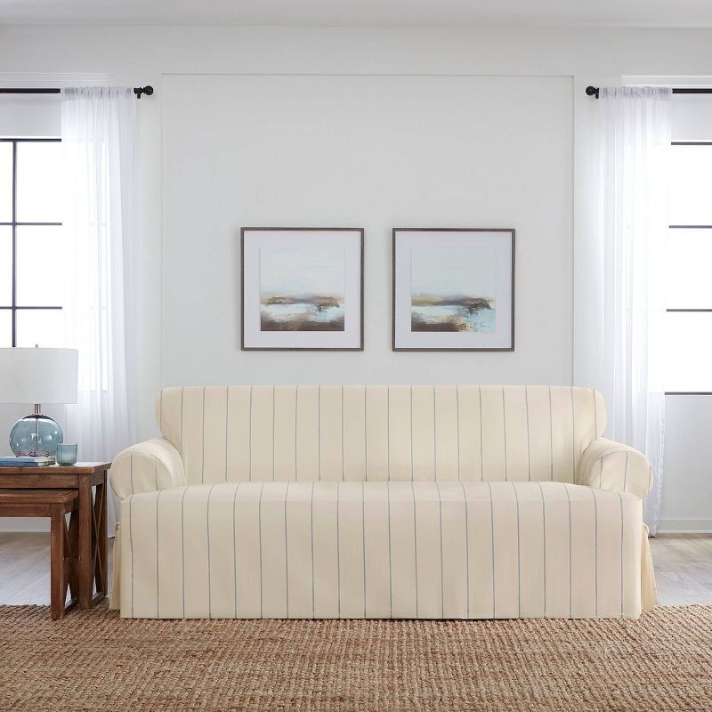 Natural and Blue Stripe Heavyweight Cotton T-Cushion Sofa Slipcover