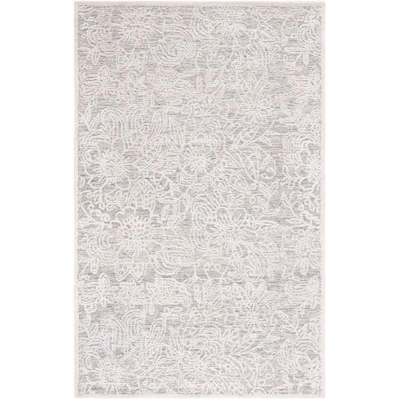 Gray and Ivory Hand-Tufted Wool Floral Area Rug