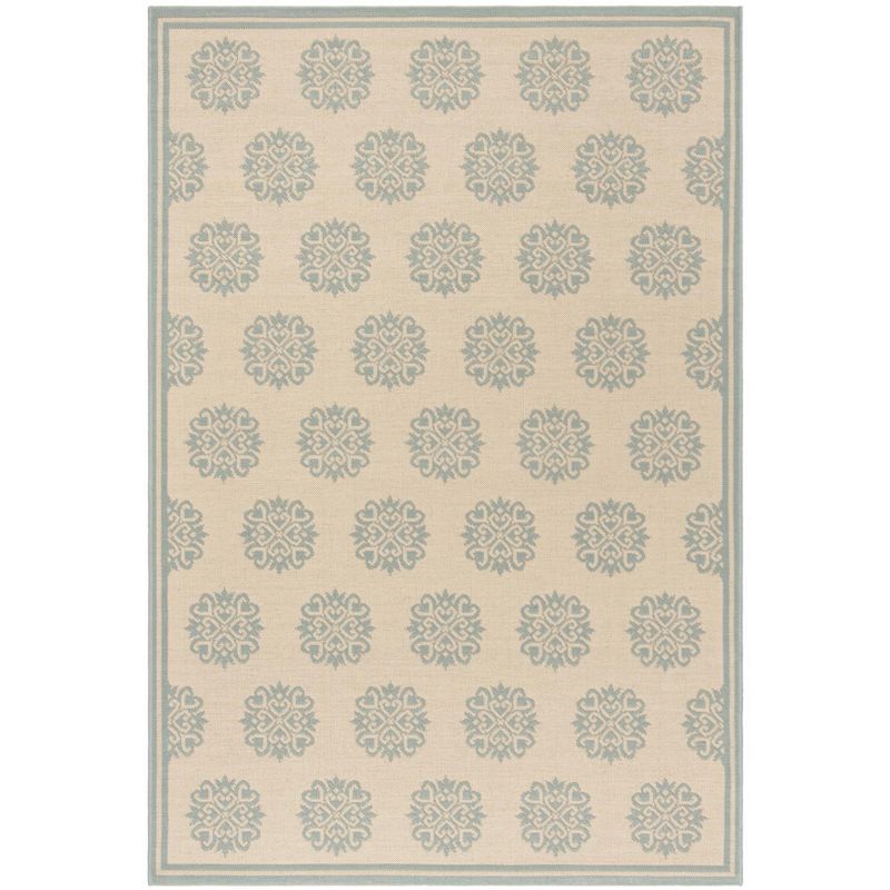 Cream and Aqua Rectangular Synthetic Medallion Area Rug, 5'3" x 7'6"