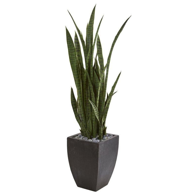 4.5 ft Green Faux Sansevieria Plant in Black Planter with River Rocks