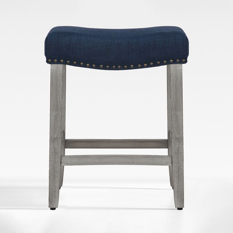 Navy Blue 24" Wooden Saddle Bar Stool with Linen Upholstery