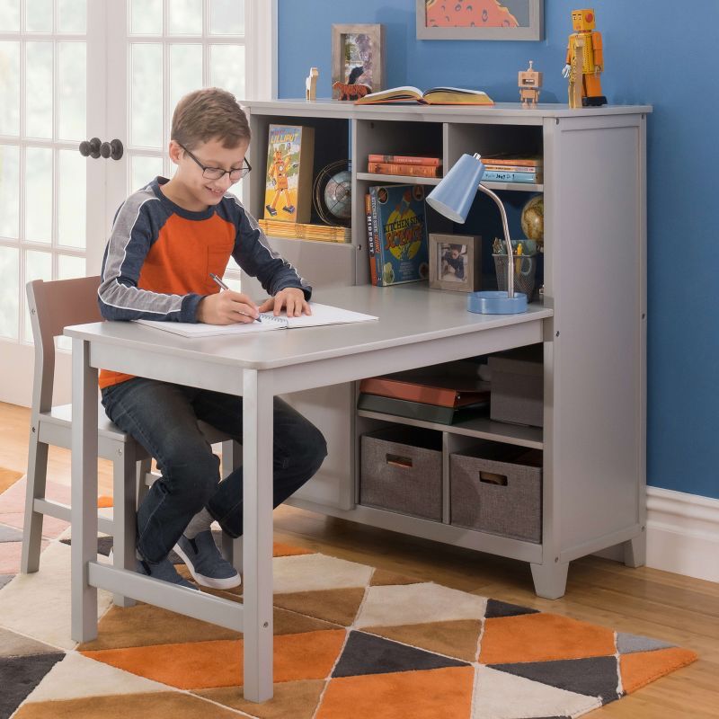 Gray Wooden Kids' Computer Desk with Hutch and Chair