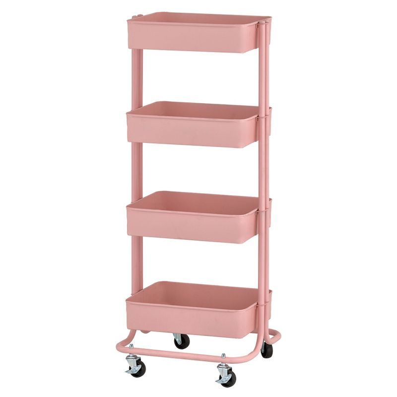 Blush Pink 4-Tier Metal Rolling Utility Cart