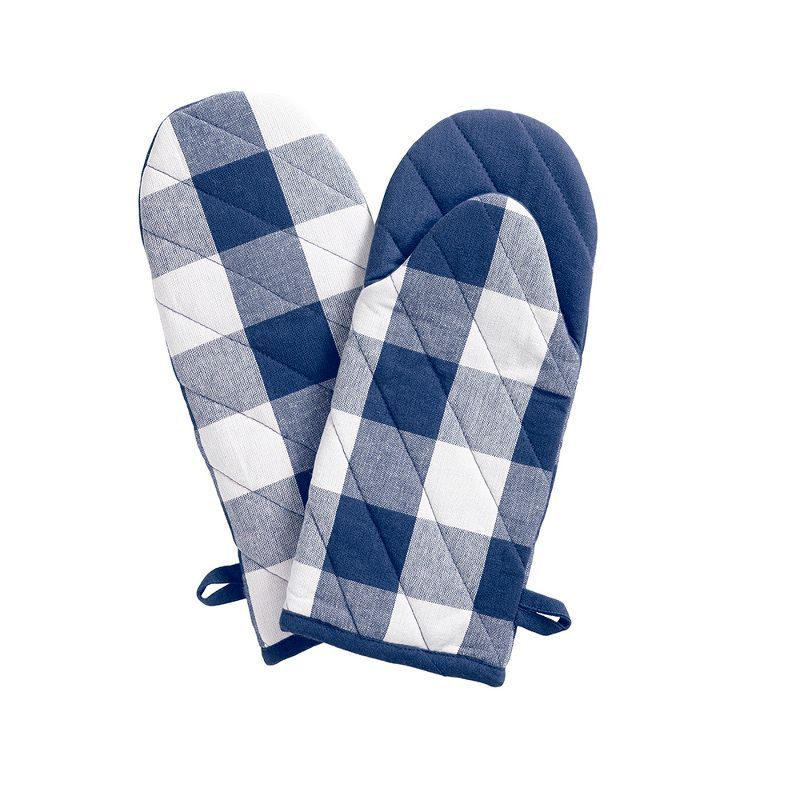 Blue and White Buffalo Check Cotton Oven Mitt Pair