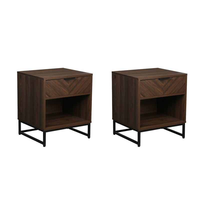 Kensi Rustic Walnut and Black 2-Drawer Nightstand with Matte Metal Base