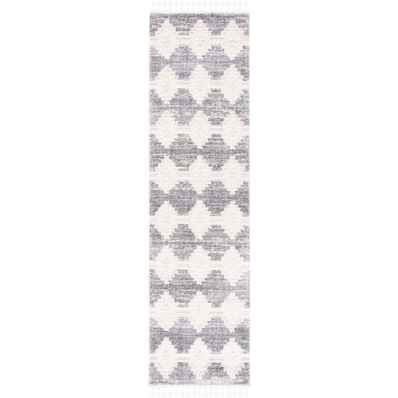 Ivory and Gray Diamond Patterned Synthetic Runner Rug