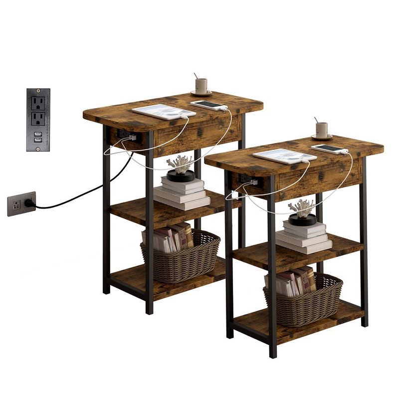 Rustic Brown End Table Set with USB Ports and Shelves