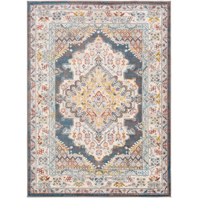 Ankara Rectangular Blue and Beige Synthetic Stain-resistant Area Rug