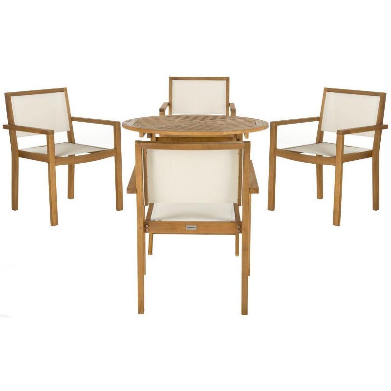 Chante Light Wood Round Outdoor Dining Set with Cream Upholstery