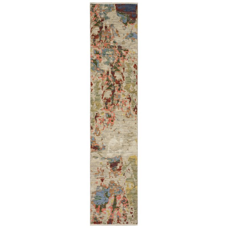 Beige and Multicolor Abstract Wool and Nylon Runner Rug
