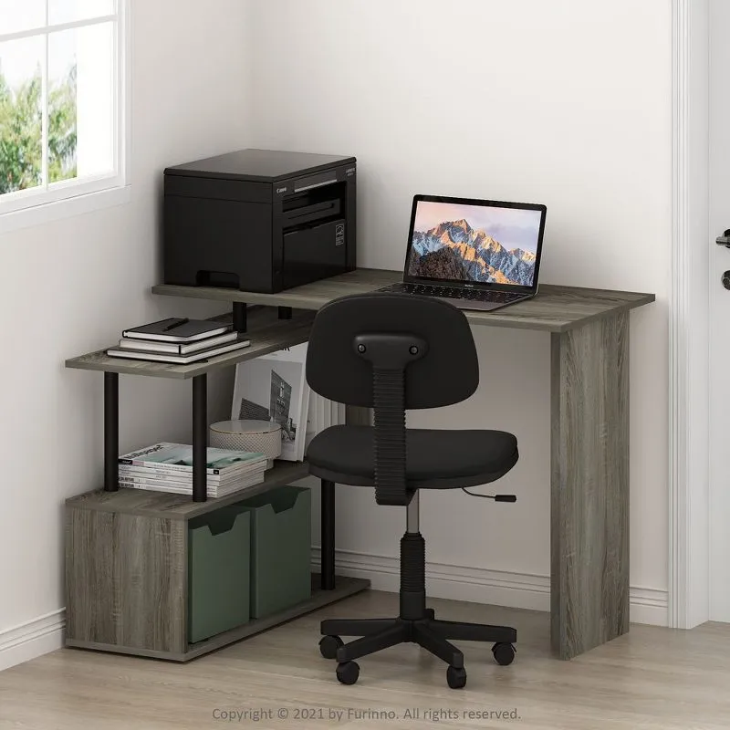 Luxe Gray Wooden L-Shape Corner Computer Desk with 3-Tier Shelves