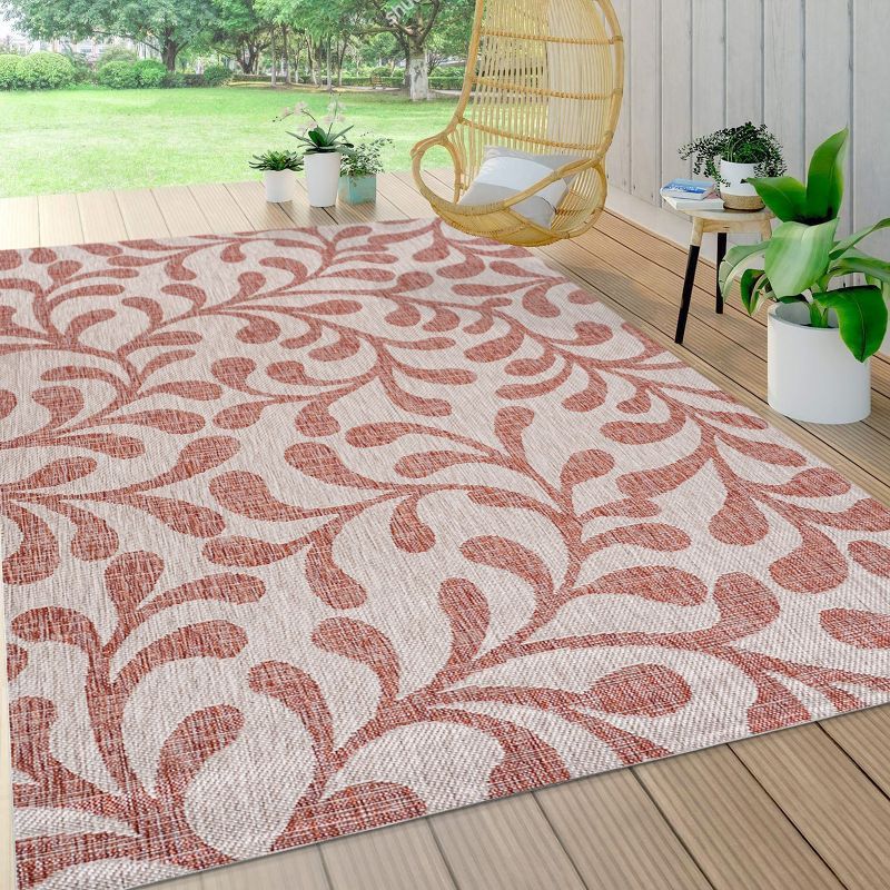 Red and Beige Reversible Synthetic Indoor/Outdoor Area Rug