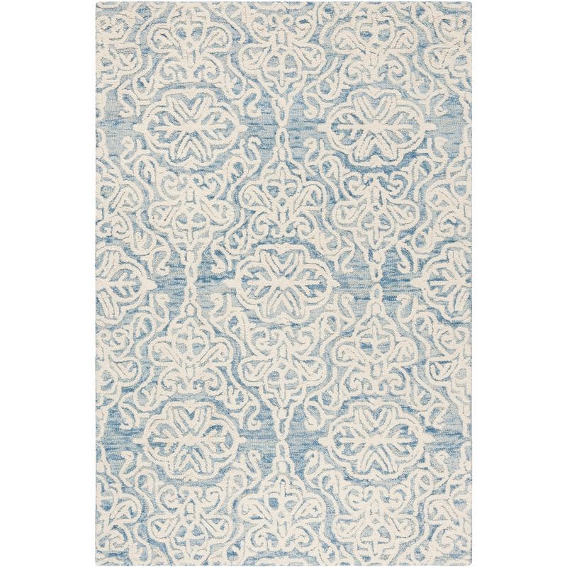 Ivory and Blue Floral Hand-Tufted Wool Rug, 4' x 6'