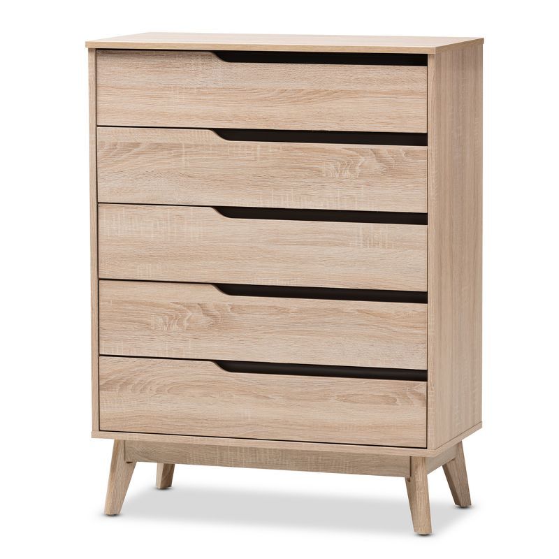 Fella Mid-Century Oak and Gray 5-Drawer Vertical Chest