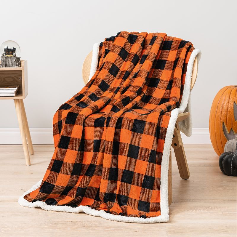 Black and Orange Buffalo Plaid Sherpa Fleece Reversible Blanket