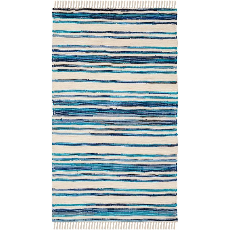 Ivory & Blue Striped Hand-Woven Cotton Area Rug - 3' x 5'