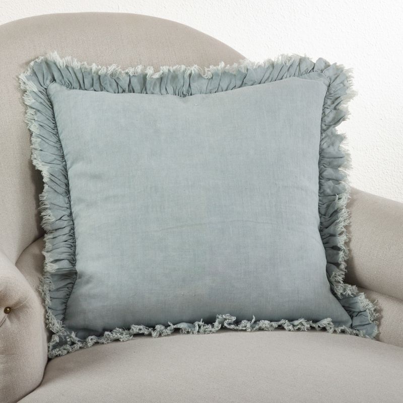 Blue-Grey 24" Ruffled Linen Down Filled Square Throw Pillow