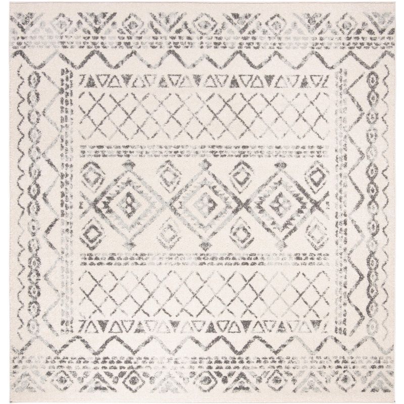 Ivory and Grey Square Synthetic Boho Area Rug, 8'x8'