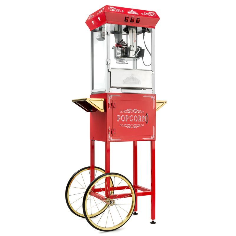 Vintage Red Popcorn Machine with Cart and 8-Ounce Kettle