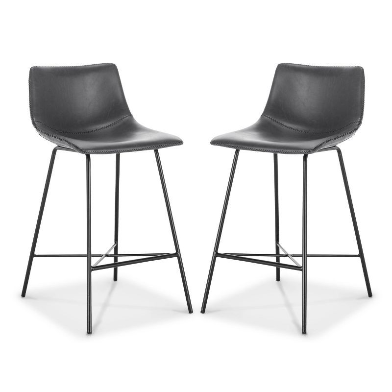 Gray Leather Saddle Style Counter Stool Set with Metal Base