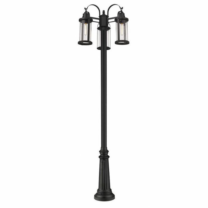 Black Aluminum 3-Light Outdoor Post with Clear Seedy Glass Shades