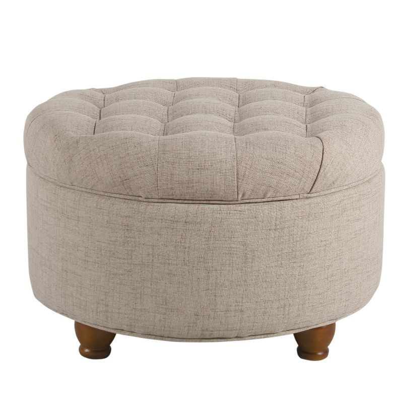 Large Tufted Round Beige Polyester Cocktail Ottoman