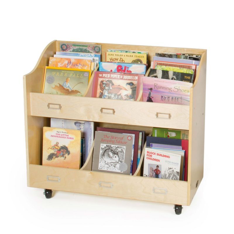 Natural Birch Plywood Mobile Book Organizer with Casters