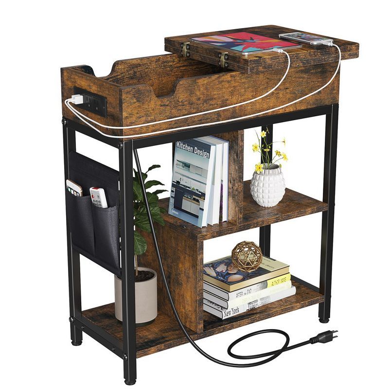 Rustic Brown Particle Board End Table with Charging Station and Storage