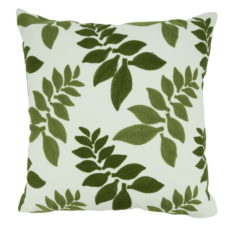 22" Green and White Embroidered Square Throw Pillow