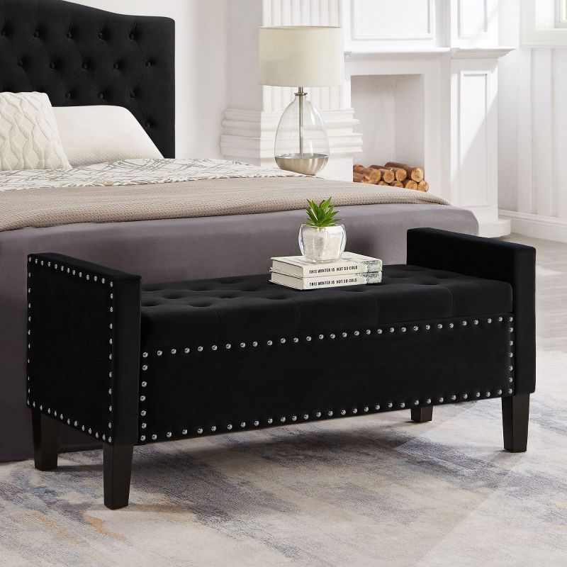 Black Velvet Upholstered Tufted Storage Bench with Nail Trim