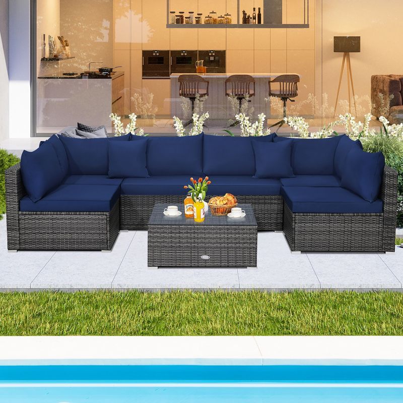 Navy Cushioned 6-Person Outdoor Rattan Sectional Sofa Set