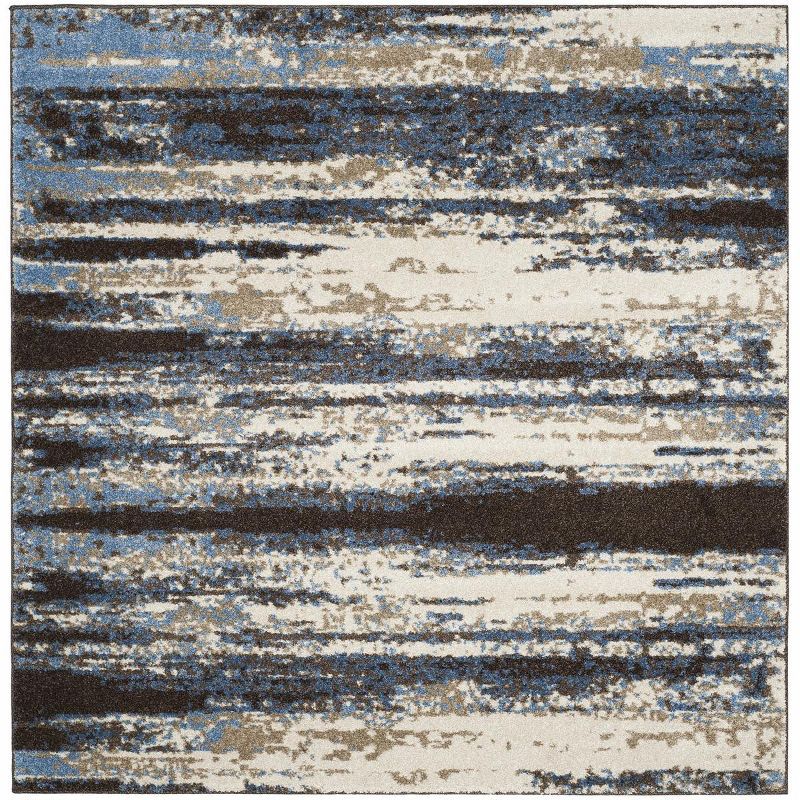 4' Square Blue and Cream Abstract Shag Rug