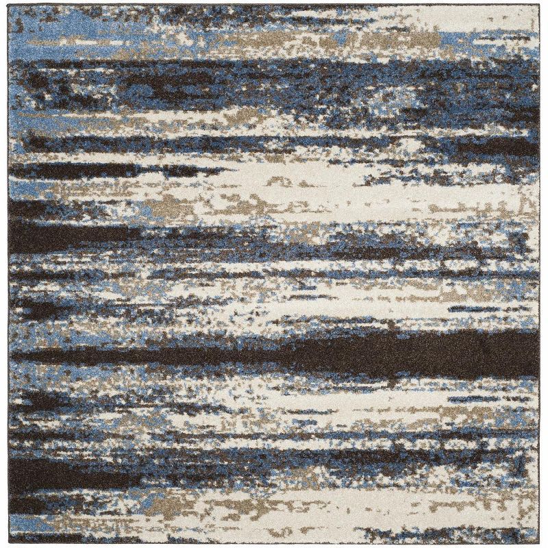 Cream & Blue Abstract Shag 8' Square Synthetic Rug