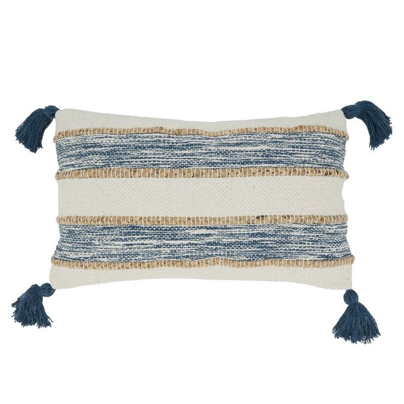 Navy Blue Striped Tassel Corners Rectangular Throw Pillow