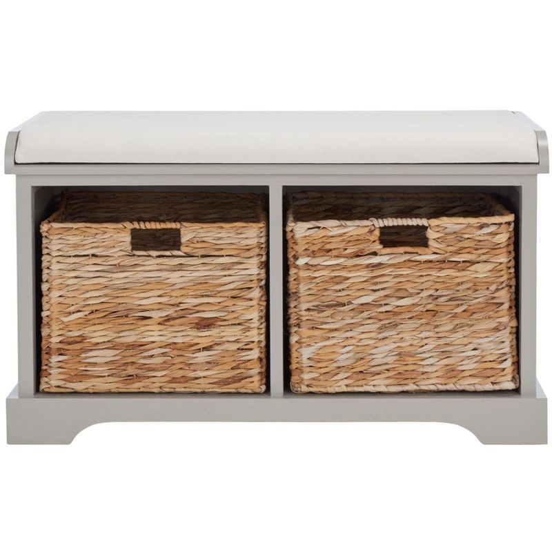 Transitional Vintage Grey Wicker Storage Bench with Linen Cushion