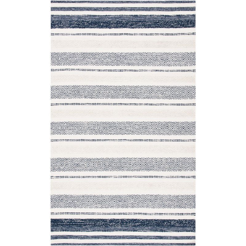 Ivory and Navy Handwoven Wool-Cotton Blend 6' x 9' Kilim Stripe Rug