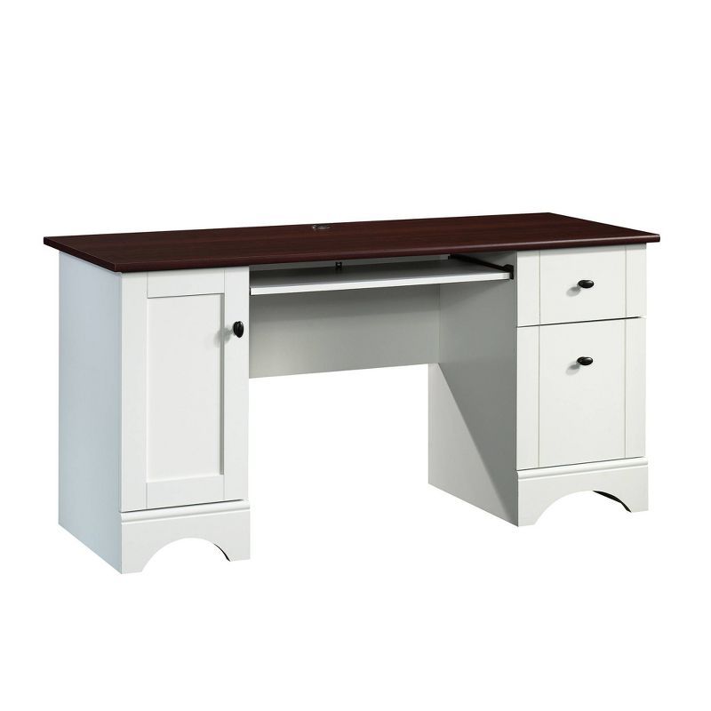 Soft White Multifunctional Computer Desk with Cherry Accent and Storage