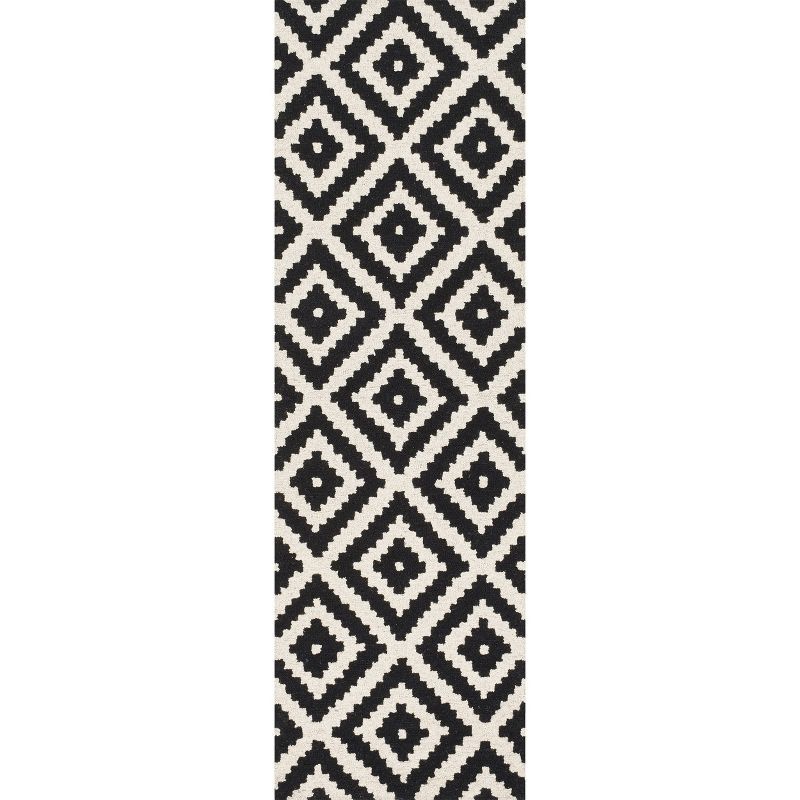 Handmade Black and White Wool Geometric Runner Rug