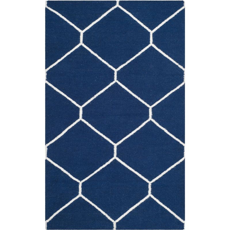 Navy and Ivory Geometric Wool Flat Weave Rug, 3' x 5'