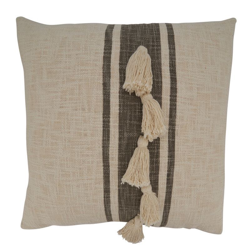 Gray Striped Tassel Square Cotton Throw Pillow