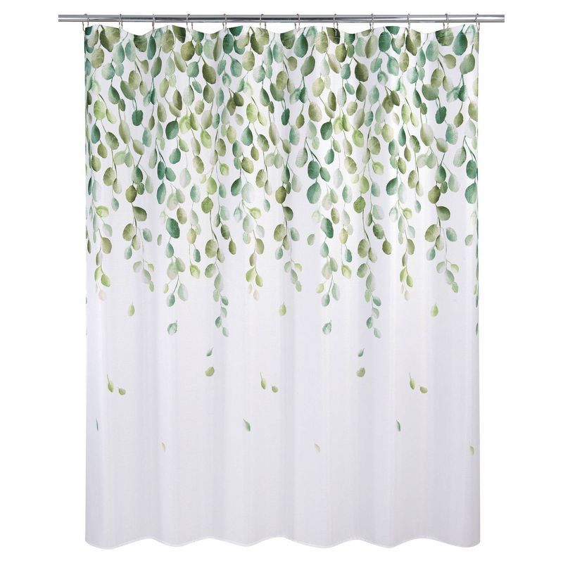 Green and White Botanical Polyester Shower Curtain