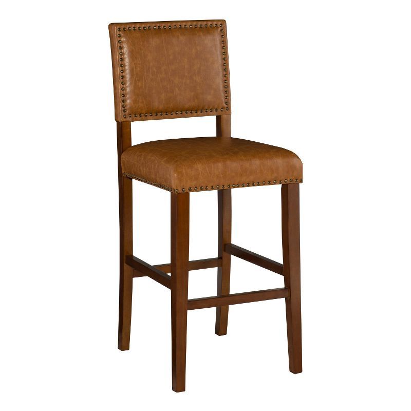 Caramel Luxe 30" Bar Stool with Walnut Wood Frame and Nailhead Trim