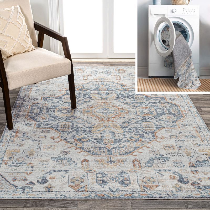 Cream and Blue Medallion Washable Synthetic Area Rug 3' x 5'