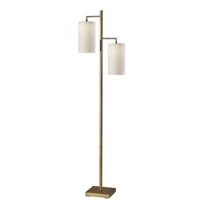 Brass Finish Adjustable Floor Lamp with Dual White Shades