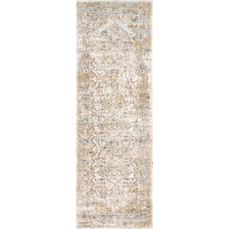 Gold and Ivory Synthetic Medallion Runner Rug, 2'6" x 10'